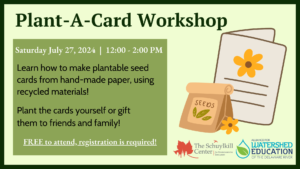 Graphic for the plant a card workshop event with images of a paper bag, card and text.