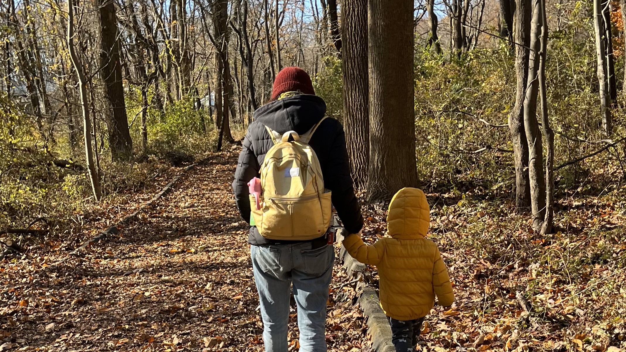 A parent and child walk along a trail in an autumn forest.