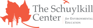 The Schuylkill Center Logo with the name in gray and logo in orange of a leaf with the Philadelphia skyline in it.