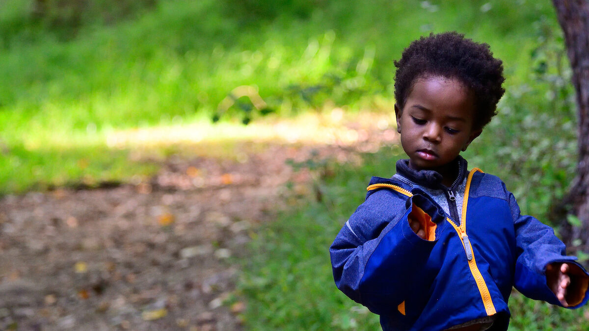 A toddler boy in a blue jacket stands next to a dirt trail in a green natural setting.