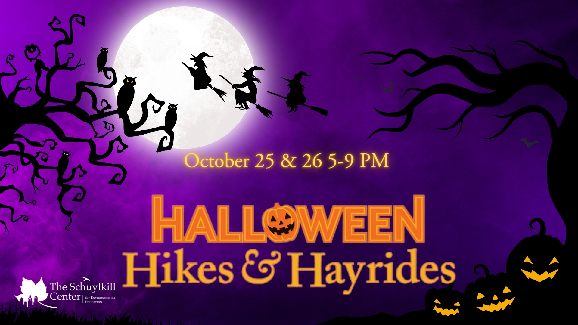 Graphic for Halloween Hikes and Hayrides with an illustration of bare trees, a full moon, and three witches riding on broomsticks through the sky.