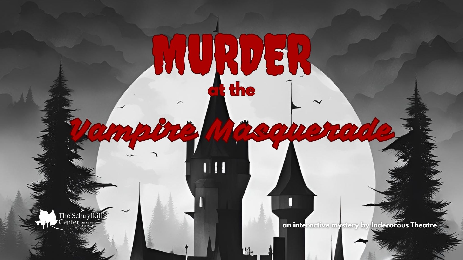 Graphic for Murder at the Vampire Masquerade with an illustration of a large castle and pine trees in black and white.