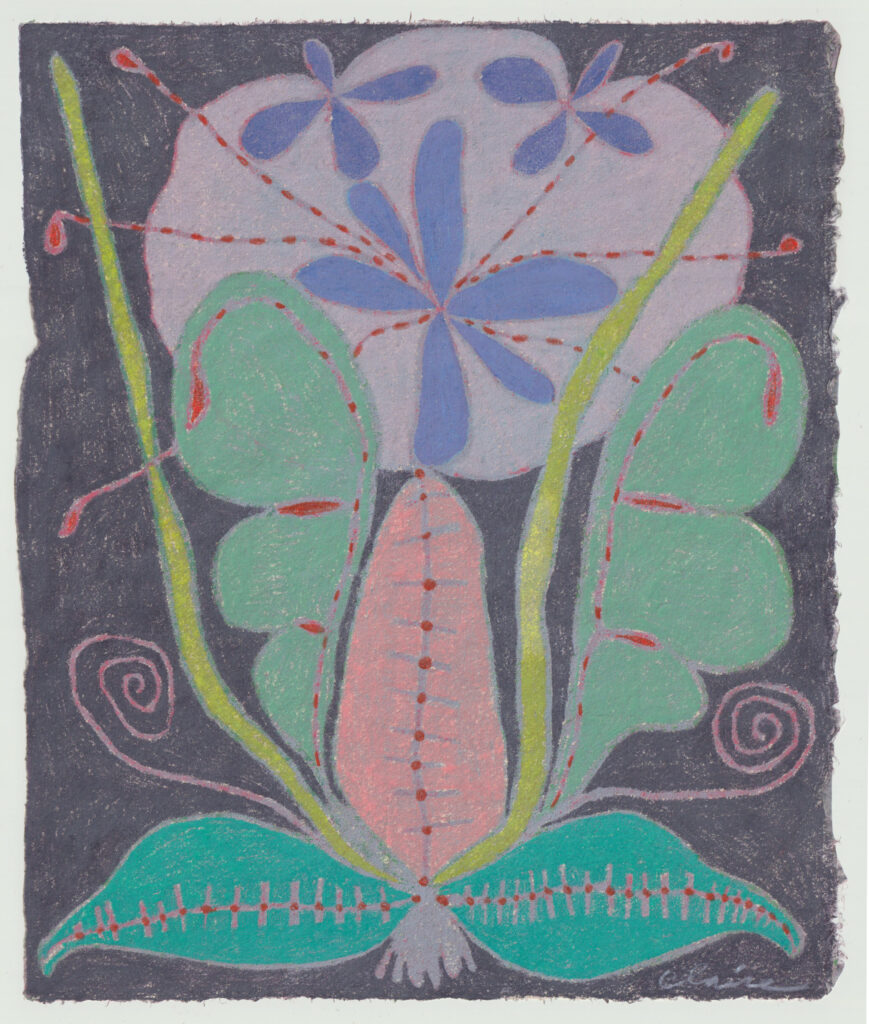 Painting by Claire Downes Whitehurst, Night Bloomer, 2024, monotype and colored pencil on kozo paper, 10 x 8 inches, of an abstract flower.