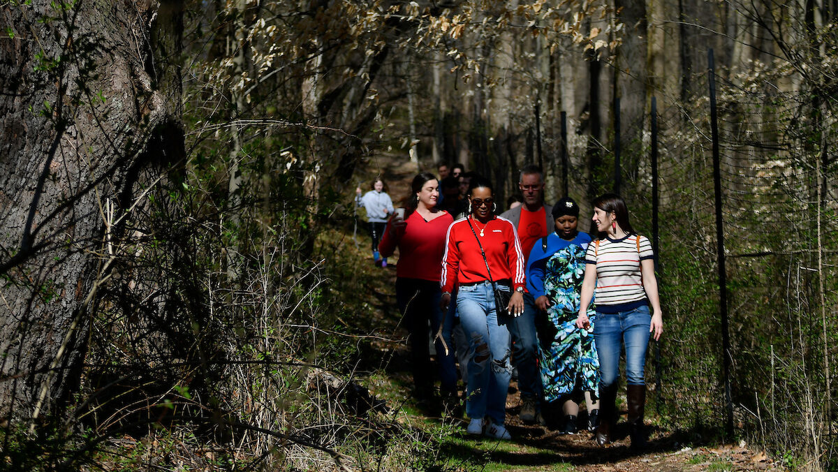 A group of people hike through the forest on a trail in the early spring.