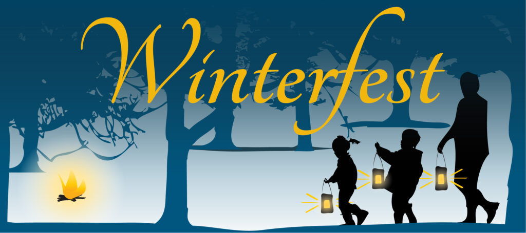 Illustration of people hiking with glowing lanterns through a forest toward a fire with the word Winterfest in italic script.