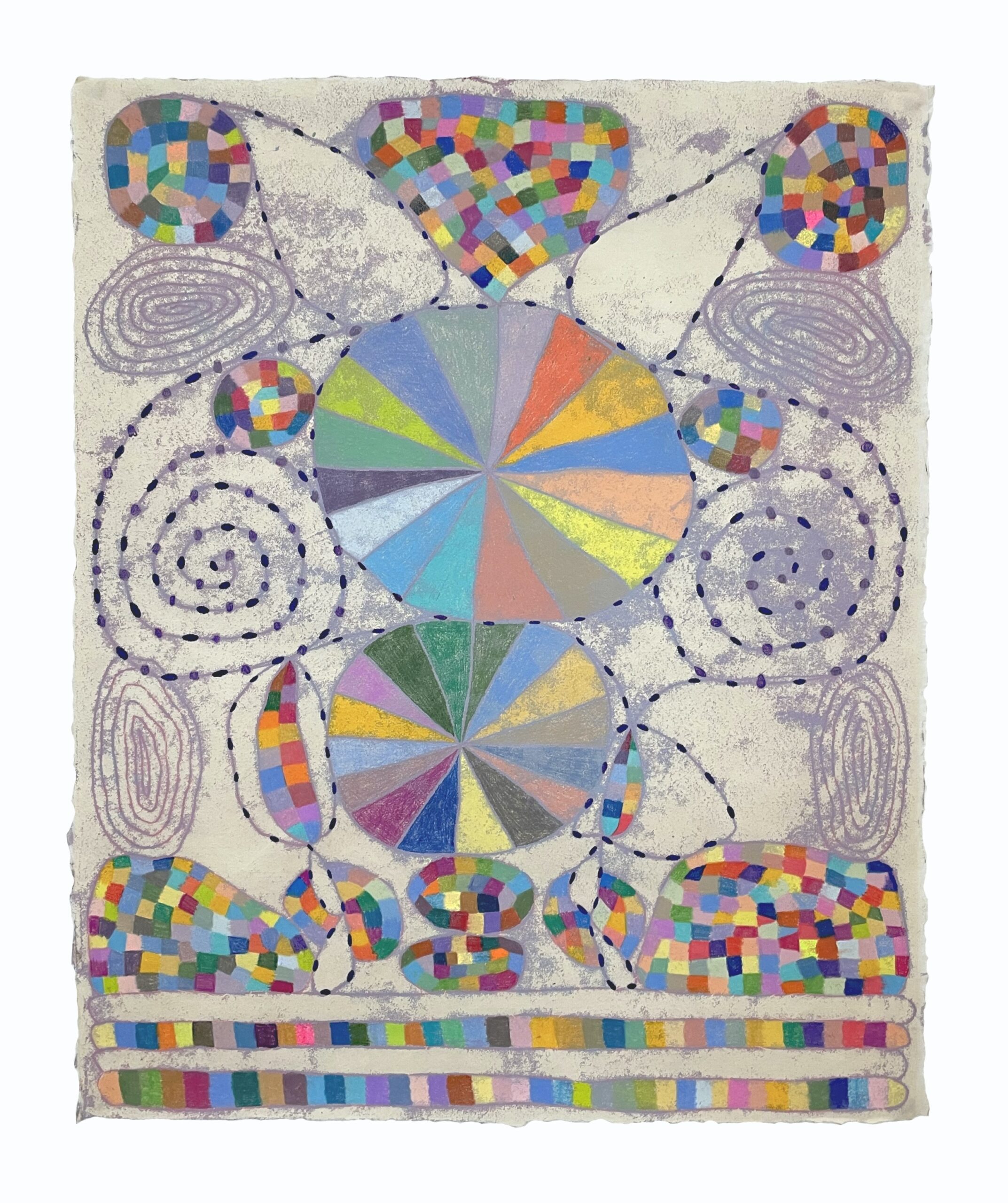 Claire Downes Whitehurst, Wheels, 2024, monotype and colored pencil on kozo paper, 10 x 8 inches