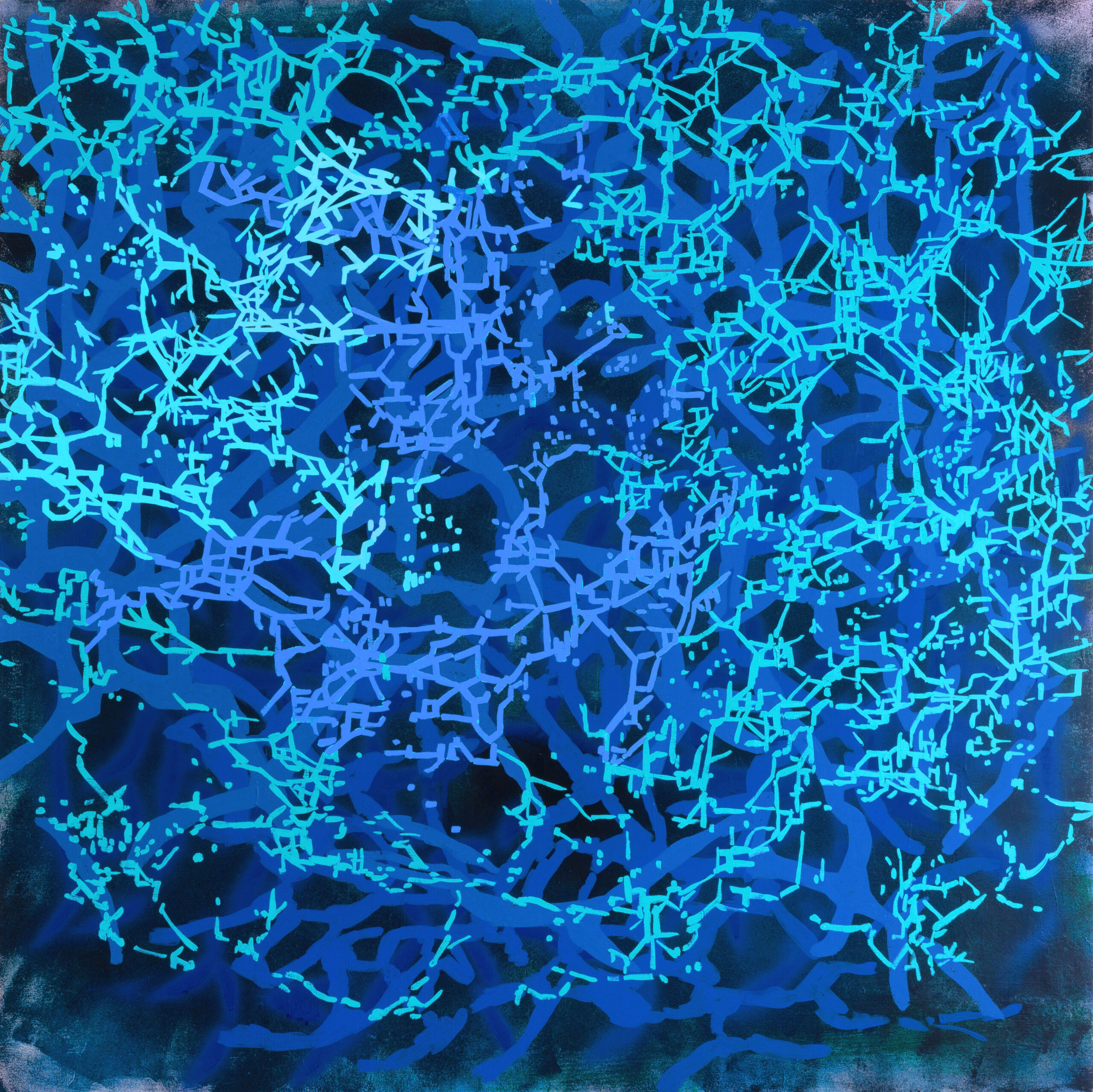 Blue patterned organic lines intersect and overlap in Rebecca Runtstein's shape shifter painting.