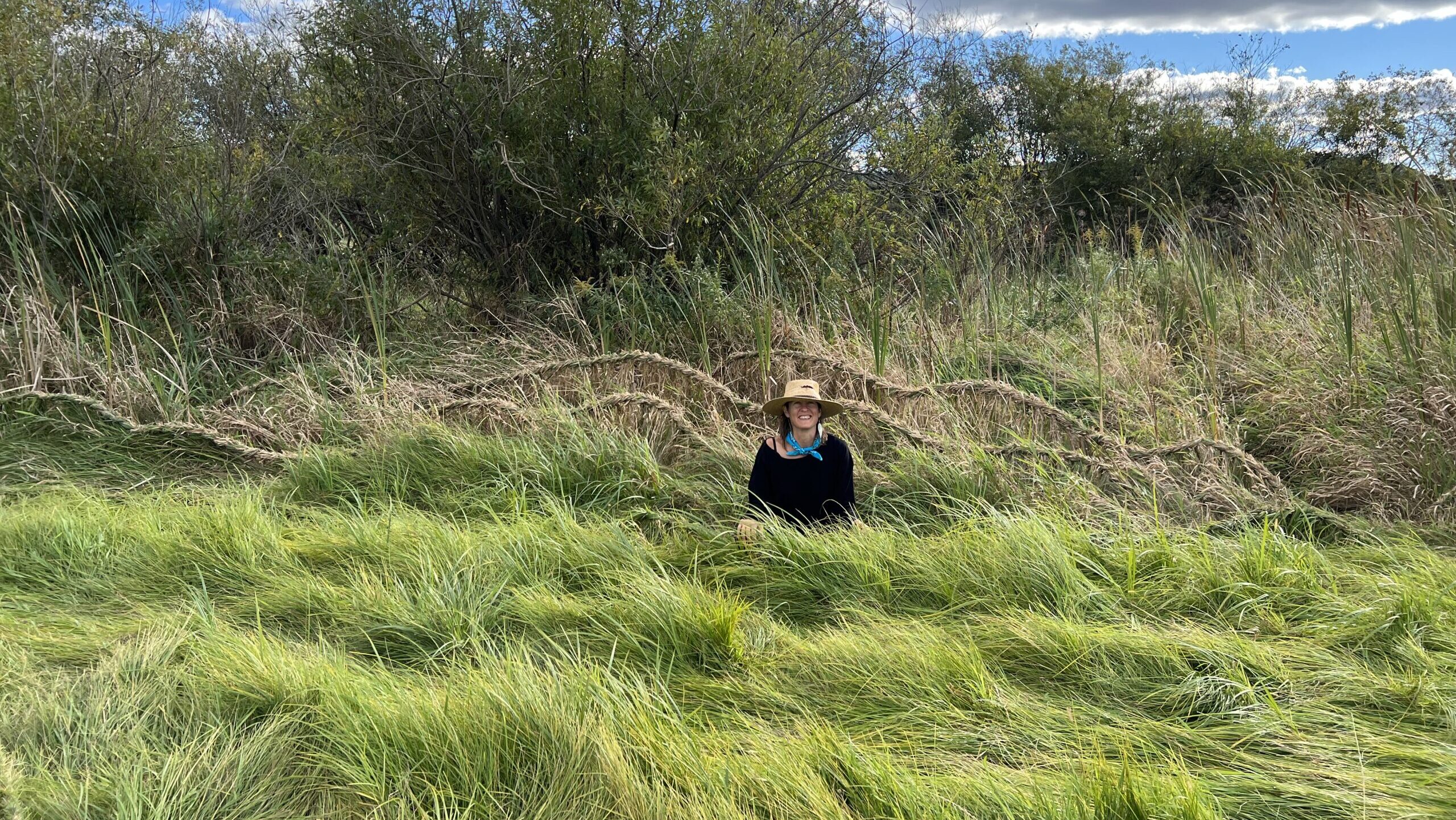 Artist Sarah Kavage in high grasses in a natural landscape with grassland, trees, and blue sky.